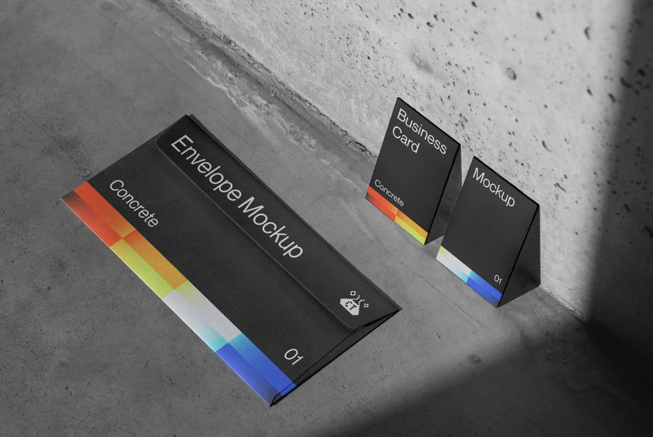 Black envelope mockup with rainbow gradient stripe on concrete